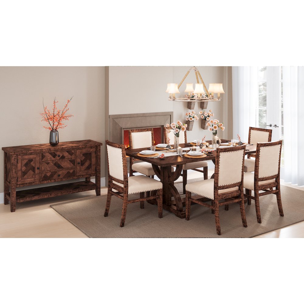 Fairview Transitional Modern Distressed 78" Seven-Piece Upholstered Dining Set. Picture 11