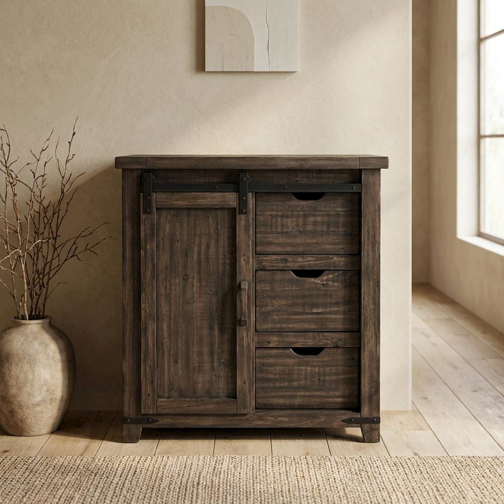 Barnwood Brown Farmhouse Barn Door Cabinet, 32 Inch, MDF Pine, Rustic. Picture 2