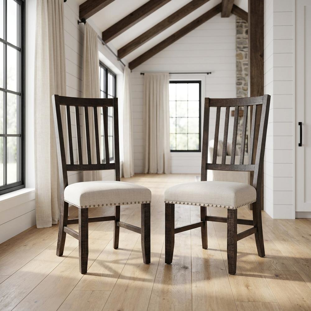 Distressed Solid Wood Slatback Kitchen Dining Chairs, Distressed Dark Brown, Set of 2. Picture 3