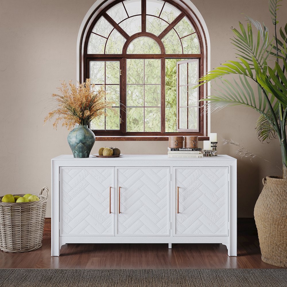 Gramercy Mid-Century Modern Chevron Three Door 60" Accent Cabinet. Picture 6