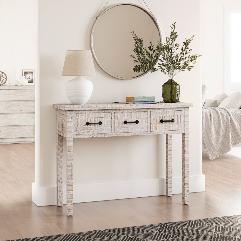 North Coast 42" Washed Finish Three Drawer USB Charging Sofa Table. Picture 9