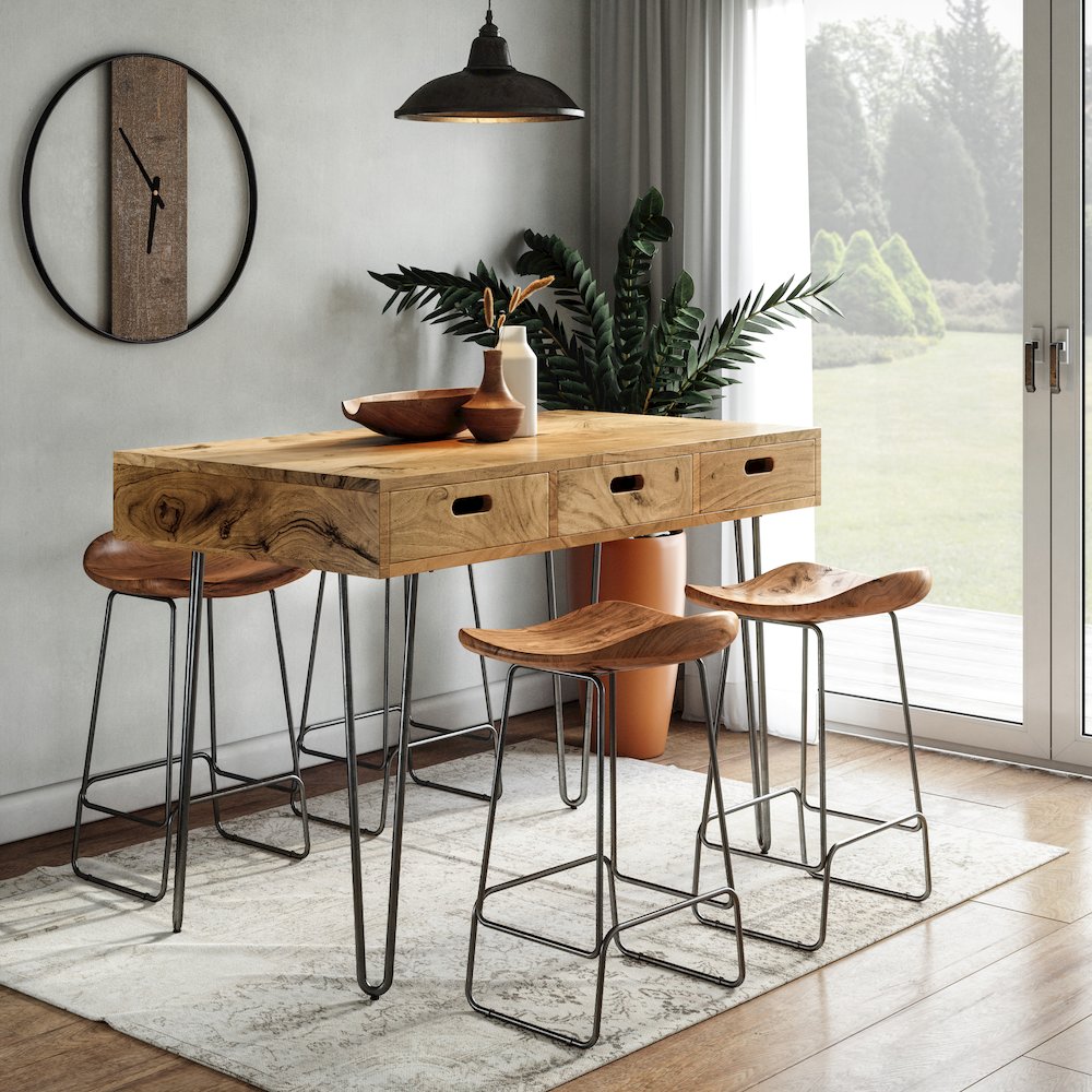 Rollins 52" Solid Acacia Dining Set with Four Backless Barstools. Picture 14