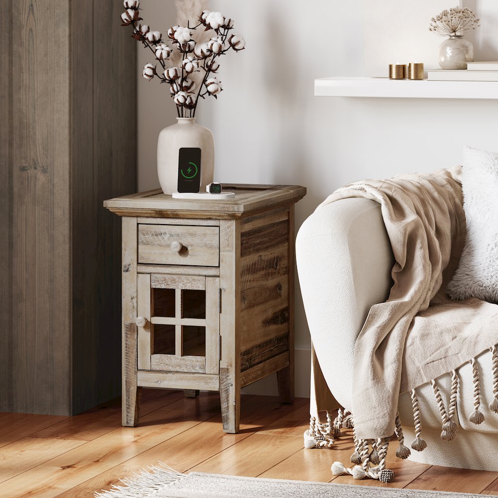 Rustic Shores Distressed Acacia USB Charging Chairside End Table. Picture 2