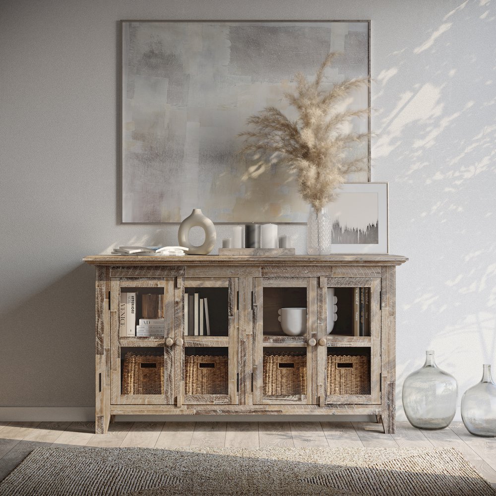 Rustic Shores 54" Coastal Distressed Acacia Four-Door Credenza Cabinet. Picture 9
