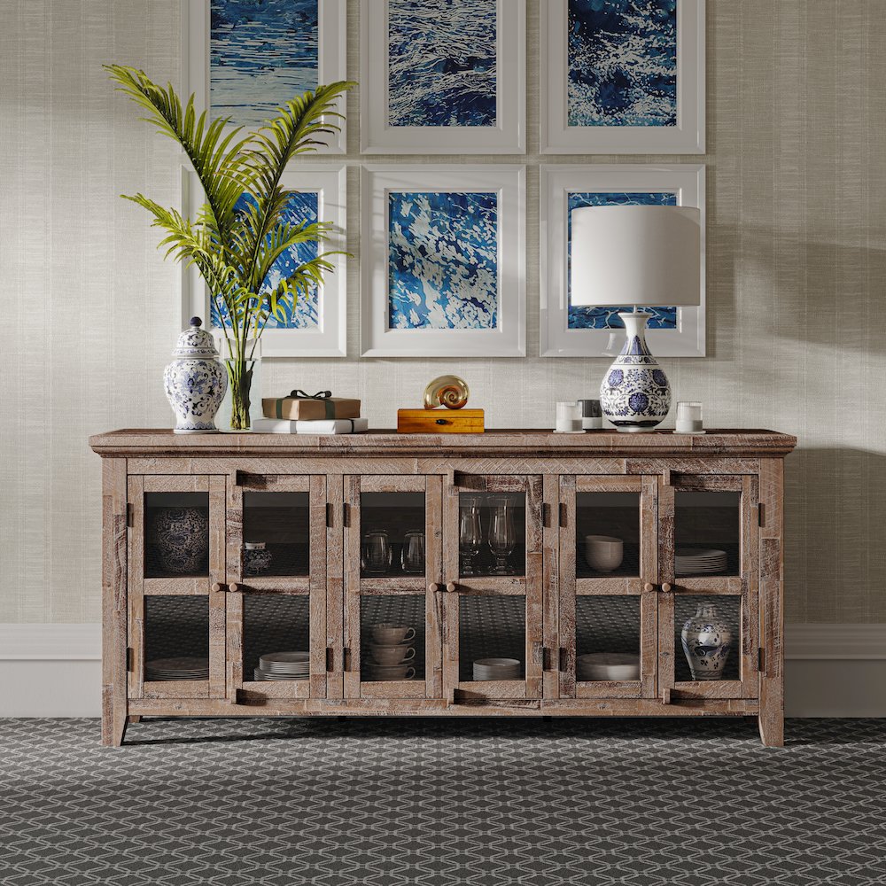 Rustic Shores 70" Coastal Distressed Acacia Six-Door Sideboard Cabinet. Picture 2