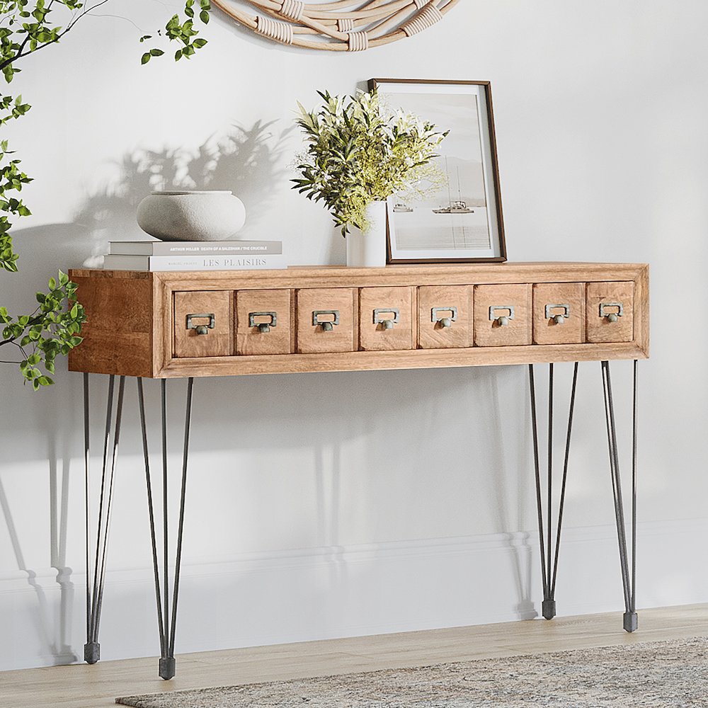 American Vintage Solid Wood Sofa Table with Apothecary Drawers. Picture 2