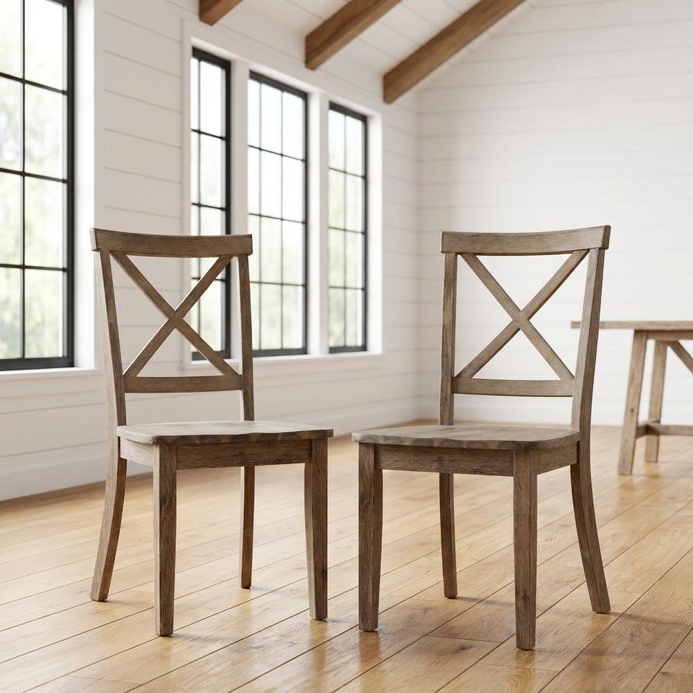 Acacia Veneer X-Back Dining Chairs, Wire-Brushed Coastal Wood, Brushed Bisque, Set of 2. Picture 2