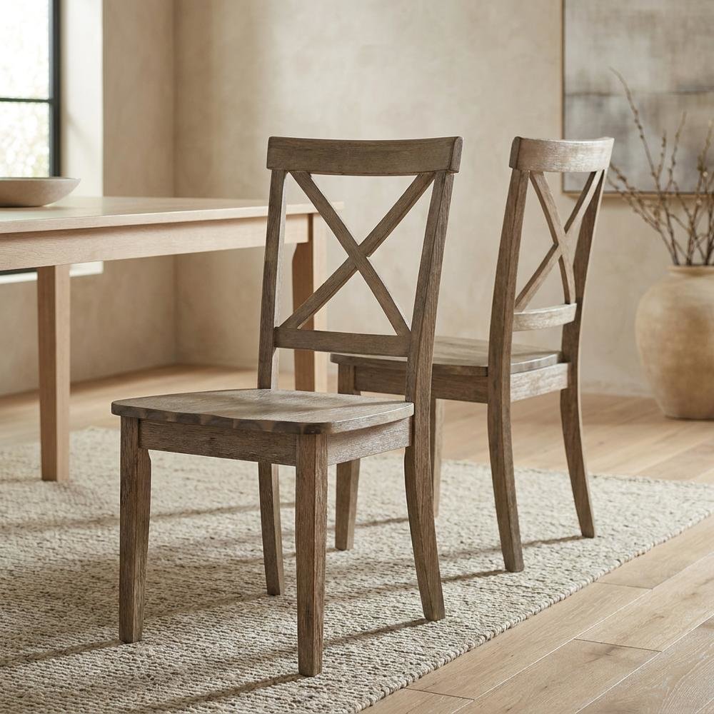 Acacia Veneer X-Back Dining Chairs, Wire-Brushed Coastal Wood, Brushed Bisque, Set of 2. Picture 3