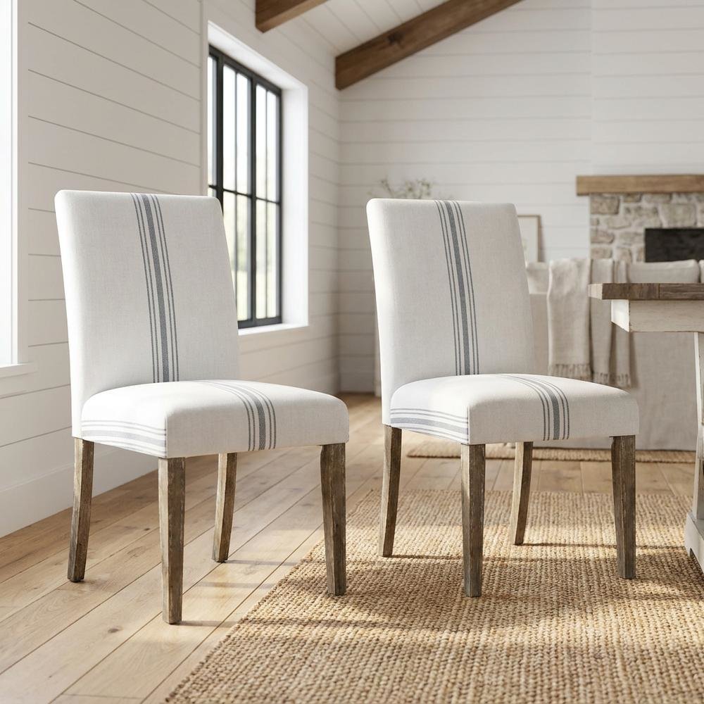 Acacia Veneer Parsons Dining Chairs, Coastal High-Back Style, Blue Stripe, Set. Picture 2