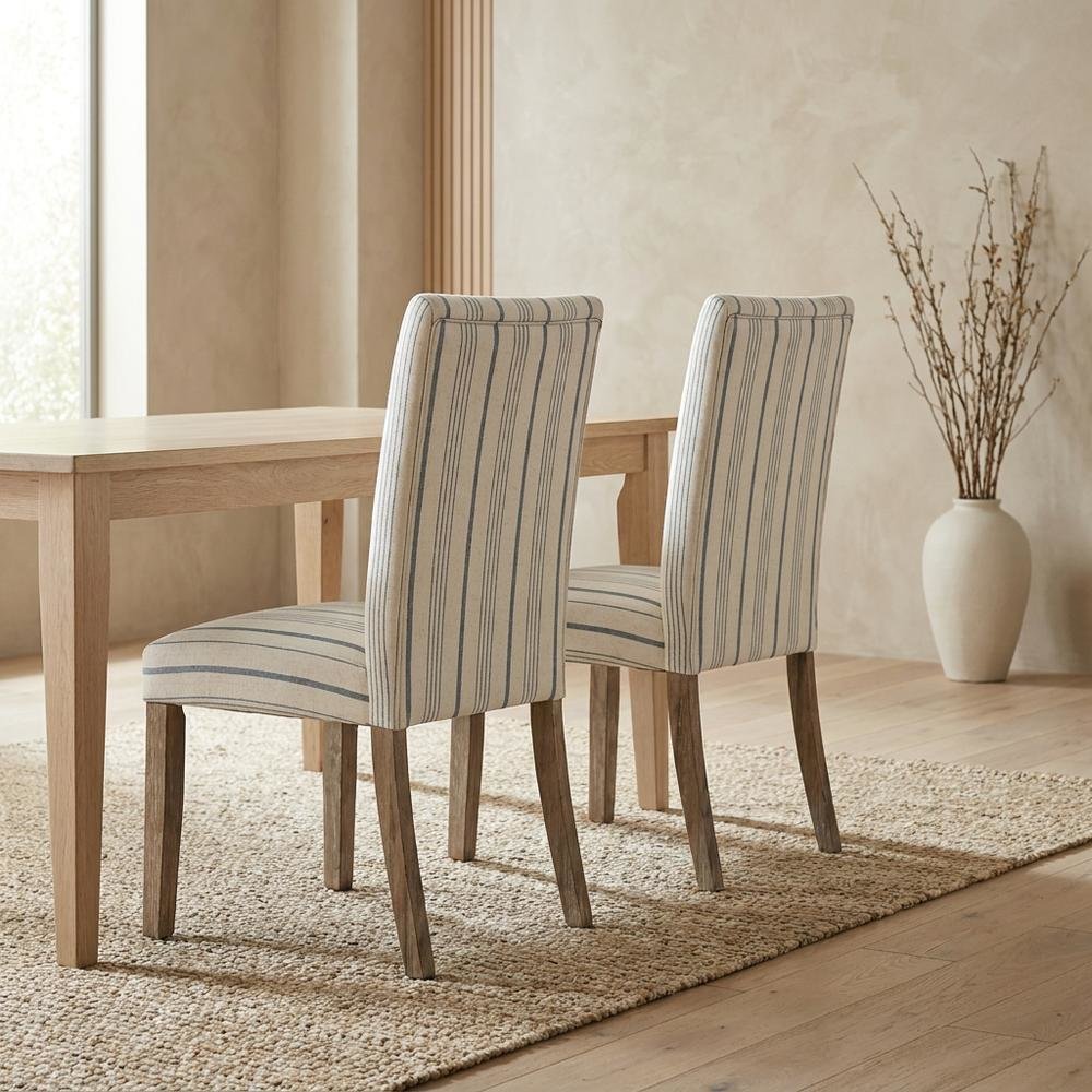 Acacia Veneer Parsons Dining Chairs, Coastal High-Back Style, Blue Stripe, Set. Picture 3