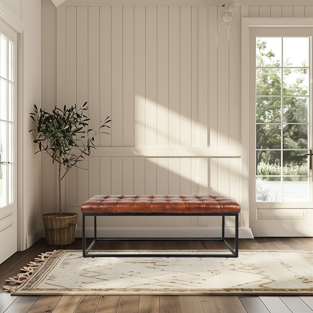 Global Archive 50" Genuine Distressed Leather Mid-Century Modern Ottoman Bench. Picture 7