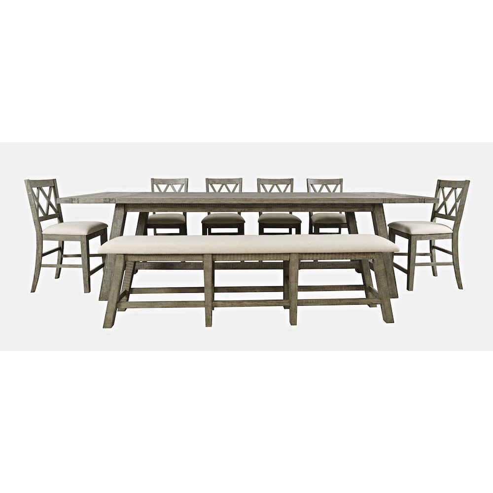 Eight Piece Rustic Farmhouse Solid Wood 127" Extendable Dining Set with Bench. Picture 1