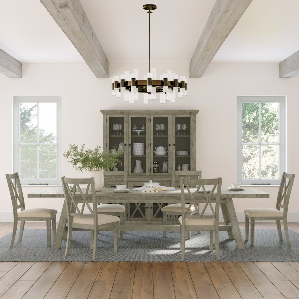 Telluride Seven Piece Rustic Farmhouse Solid Wood 127" Extendable Dining Set. Picture 2