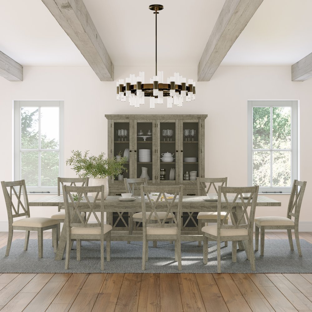 Telluride Nine Piece Rustic Farmhouse Solid Wood 127" Extendable Dining Set. Picture 2