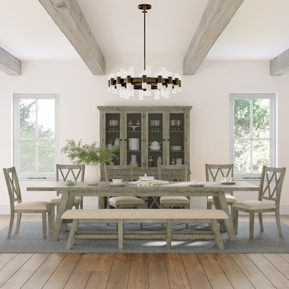 Eight Piece Rustic Farmhouse Solid Wood 127" Extendable Dining Set with Bench. Picture 2