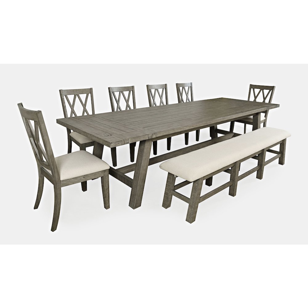 Eight Piece Rustic Farmhouse Solid Wood 127" Extendable Dining Set with Bench. Picture 3