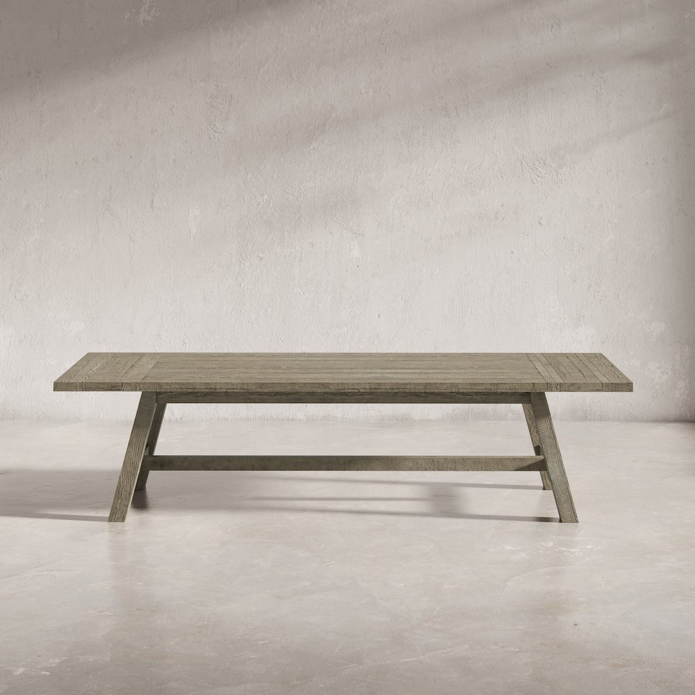 Rustic Farmhouse Solid Wood 127" Trestle Dining Table with Two Extension Leaves. Picture 10