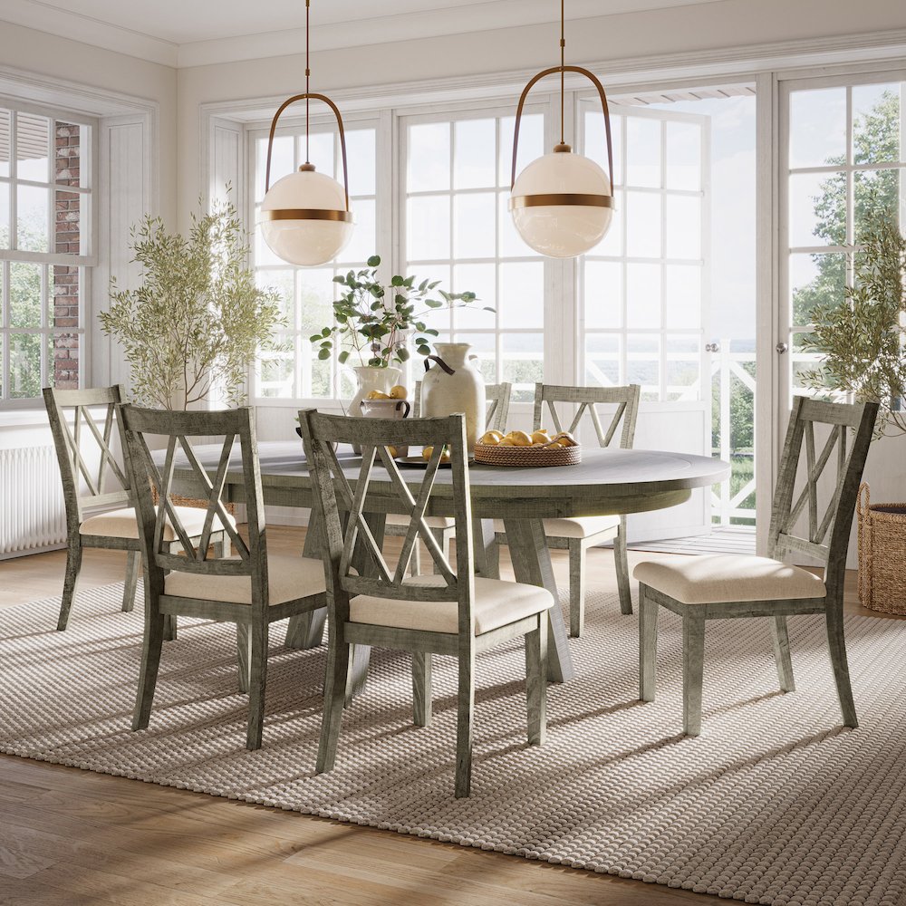 Contemporary Rustic Farmhouse Solid Wood Seven Piece Dining Table Set. Picture 6