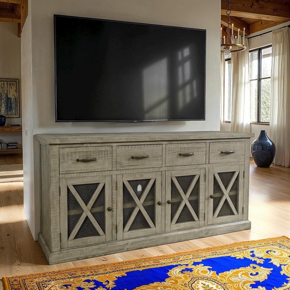 70" Rustic Distressed Solid Wood Farmhouse Four Drawer Sideboard Buffet Server. Picture 10