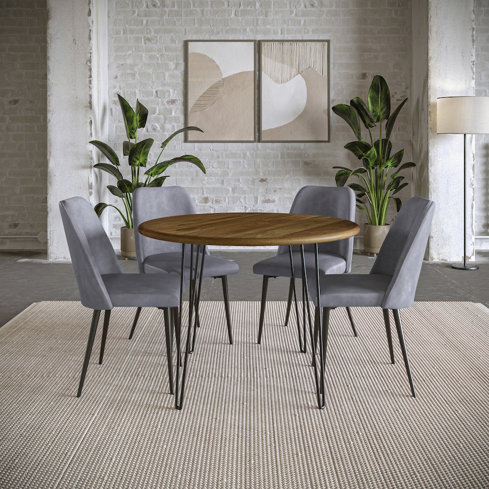 Five Piece 42" Round Mid-Century Modern Dining Set with Faux Leather Chairs. Picture 10
