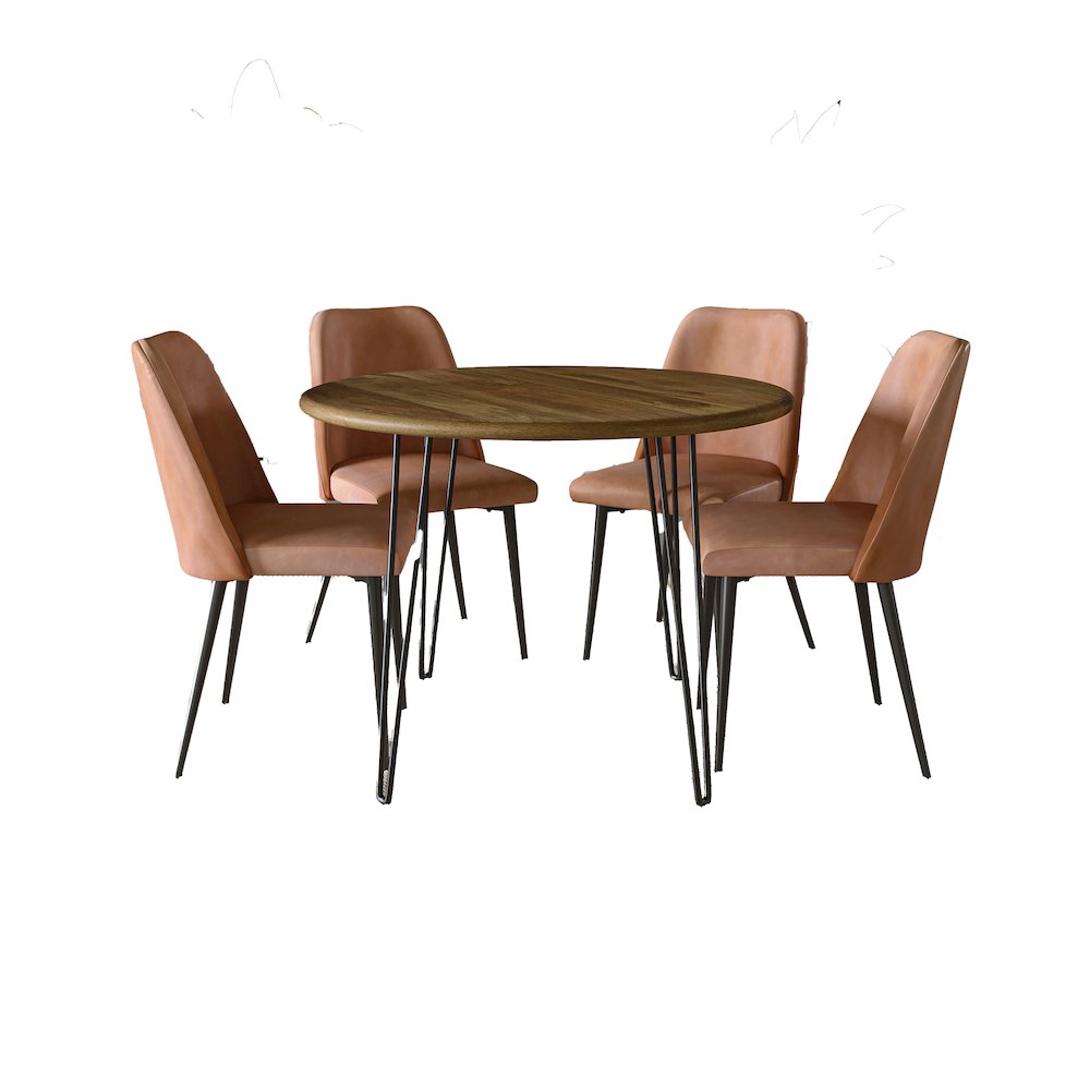 Five Piece 42" Round Mid-Century Modern Dining Set with Faux Leather Chairs. Picture 2