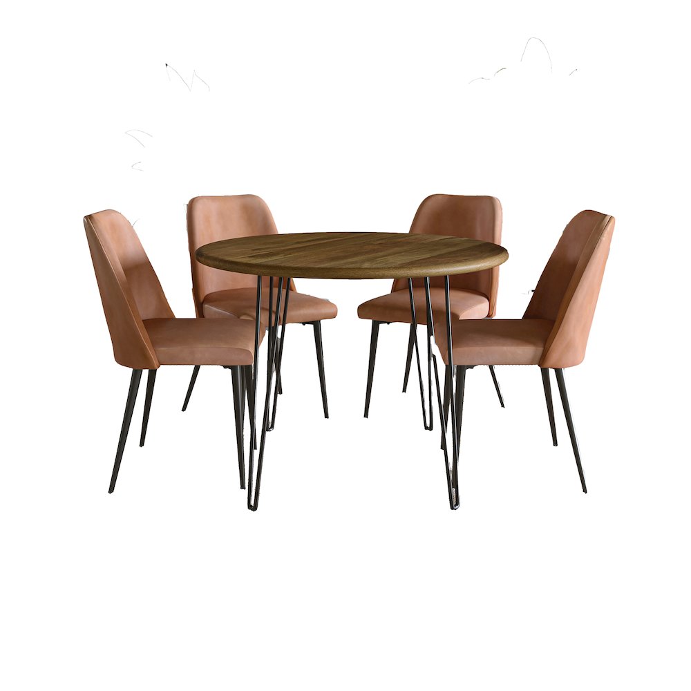 Five Piece 42" Round Mid-Century Modern Dining Set with Faux Leather Chairs. Picture 1