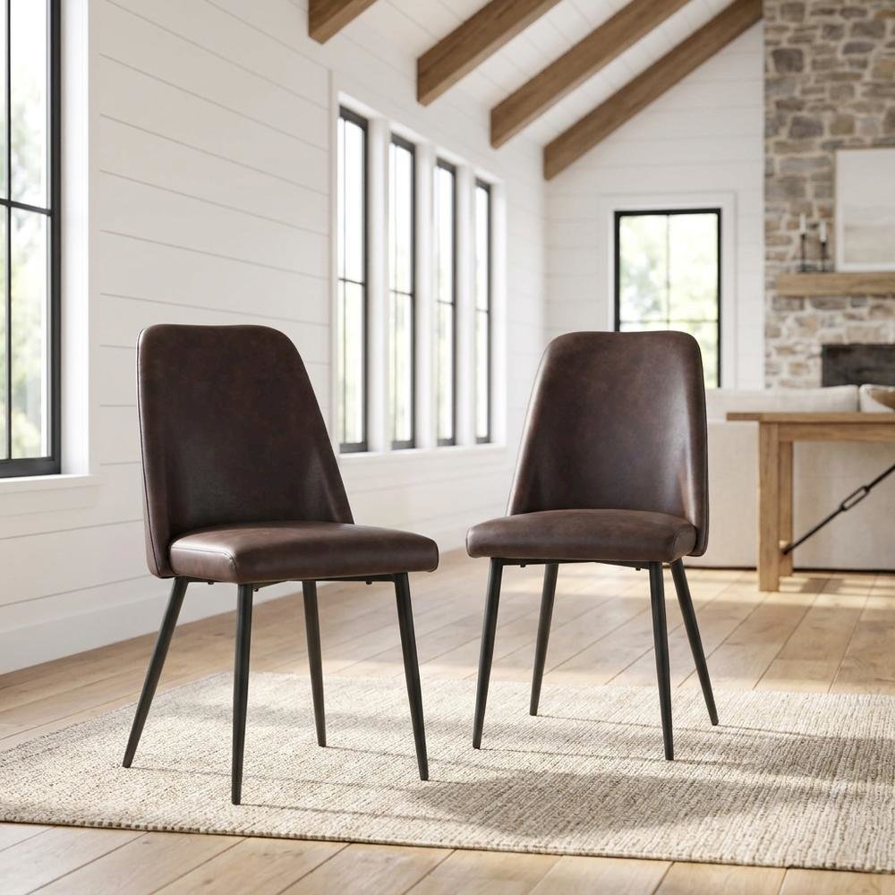 Faux Leather Upholstered Mid-Century Modern Dining Chair, Dark Brown, Set of 2. Picture 3