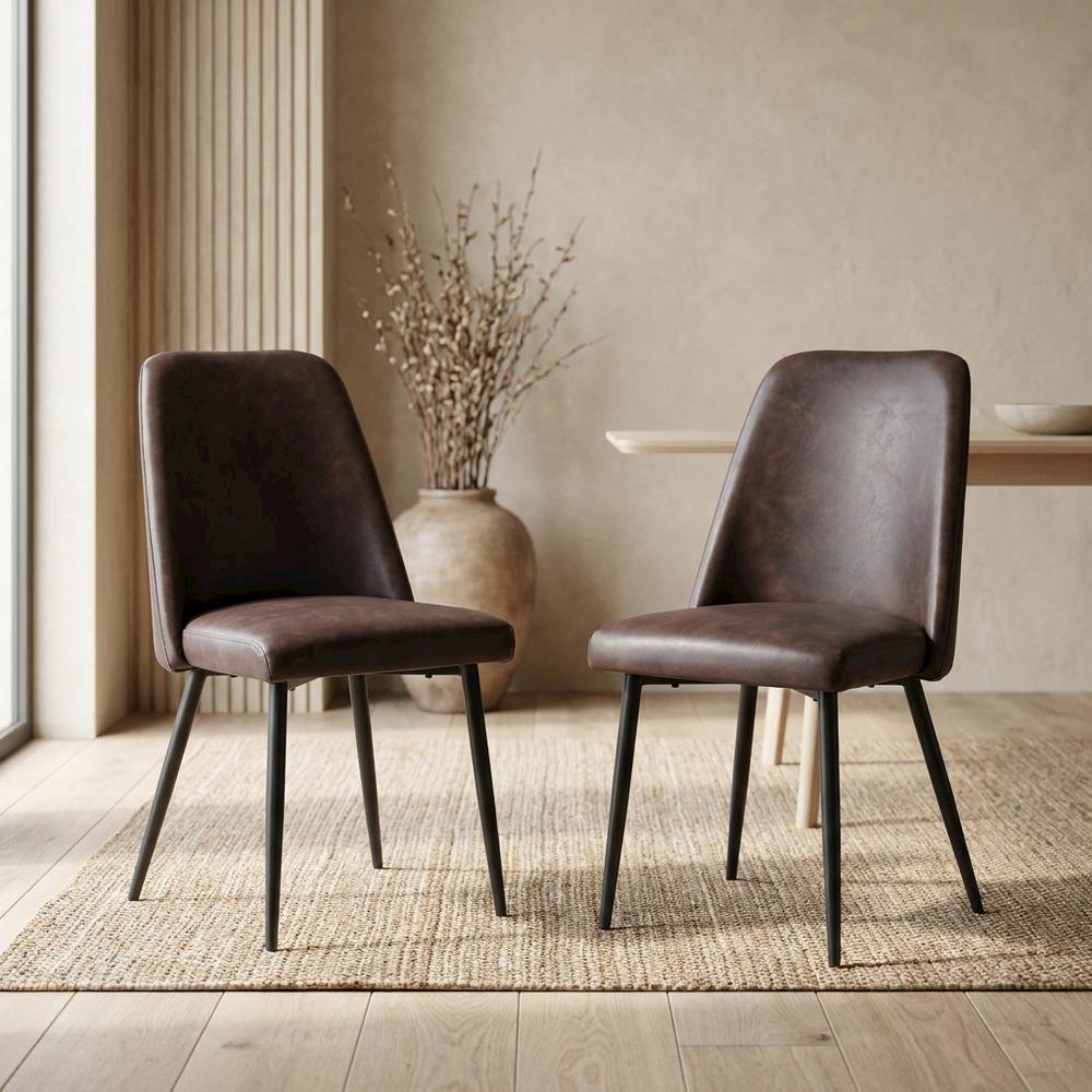 Faux Leather Upholstered Mid-Century Modern Dining Chair, Dark Brown, Set of 2. Picture 4