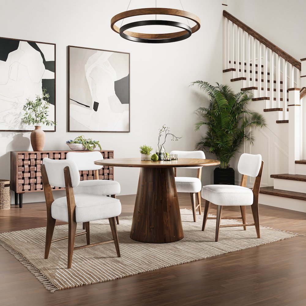 Nash Mid-Century Modern Five Piece Pedestal Dining Set with Upholstered Chairs. Picture 8