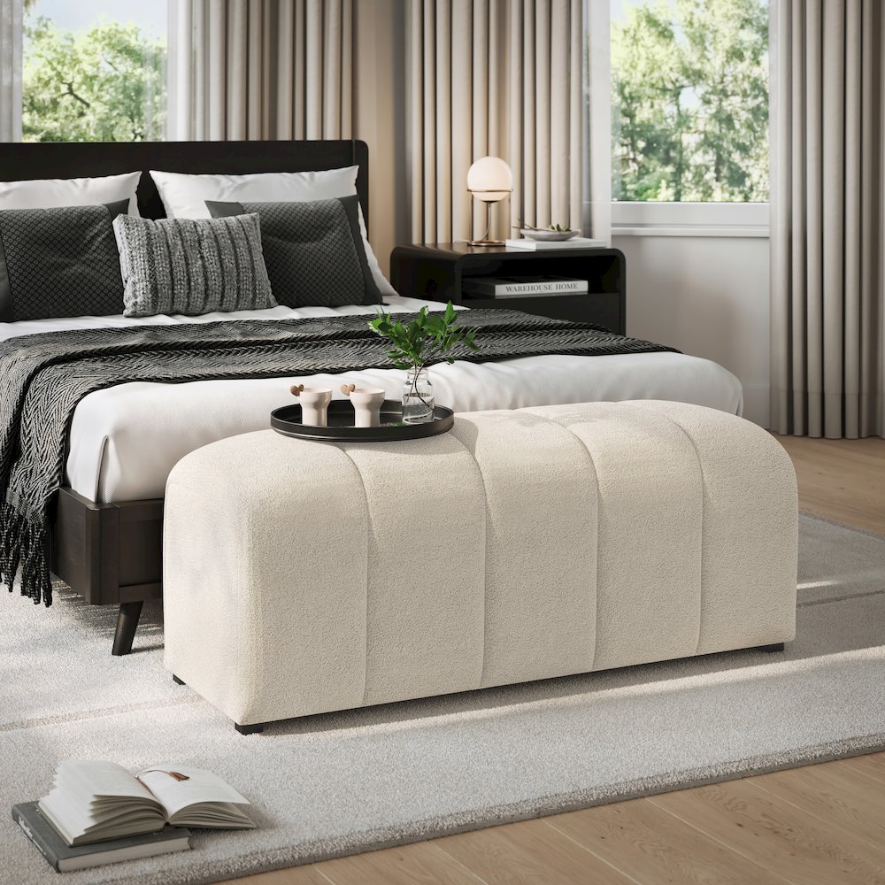 Tess Contemporary Modern Ivory Boucle Upholstered Plush Bench. Picture 5