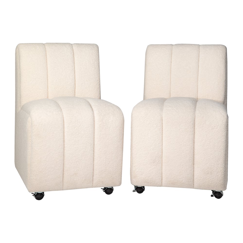 Contemporary Modern Ivory Boucle Upholstered Dining Chair with Wheels (Set of 2). Picture 5