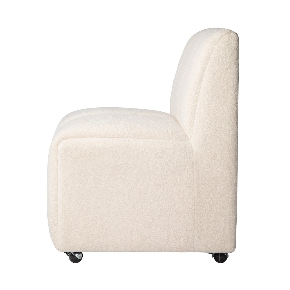 Contemporary Modern Ivory Boucle Upholstered Dining Chair with Wheels (Set of 2). Picture 4