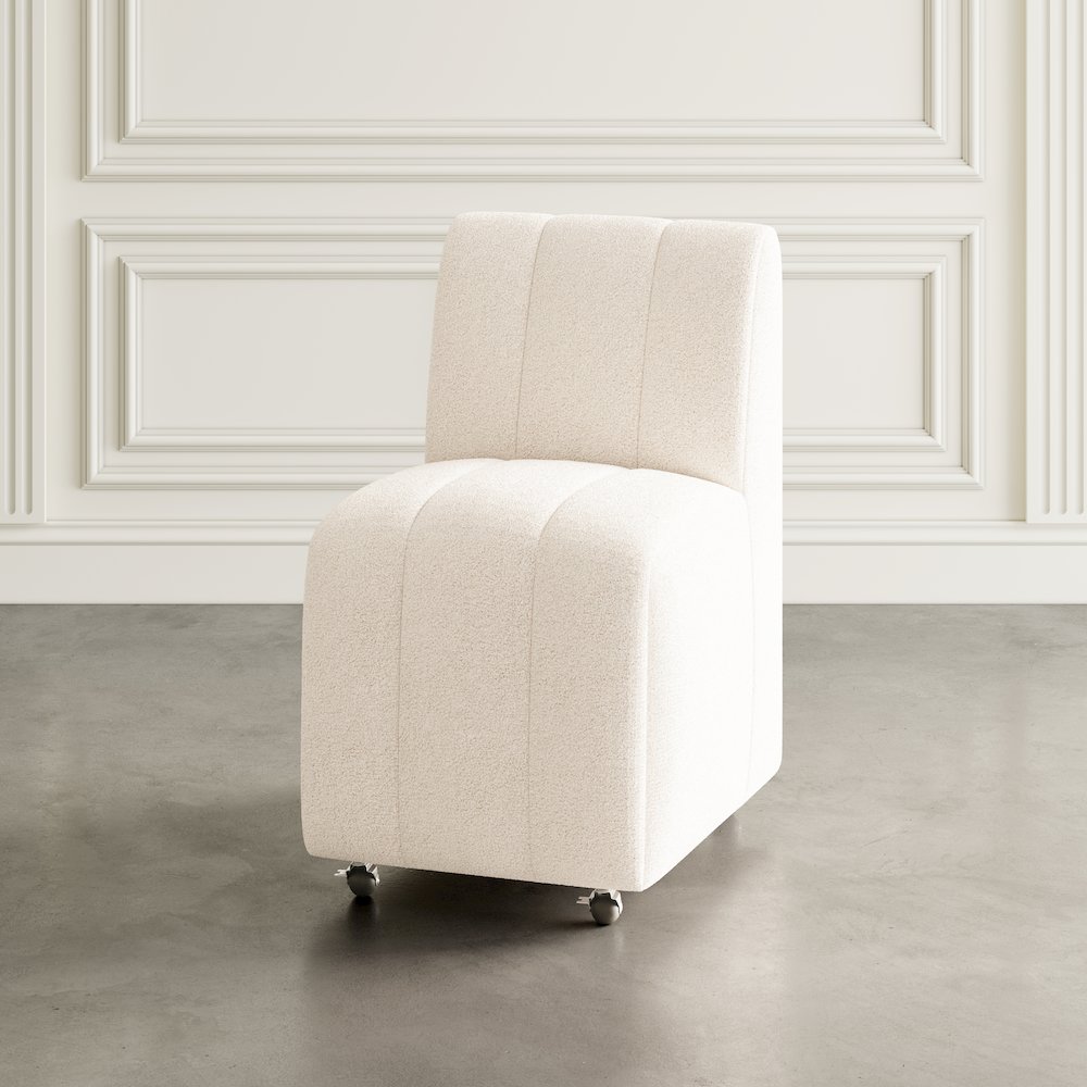 Contemporary Modern Ivory Boucle Upholstered Dining Chair with Wheels (Set of 2). Picture 10