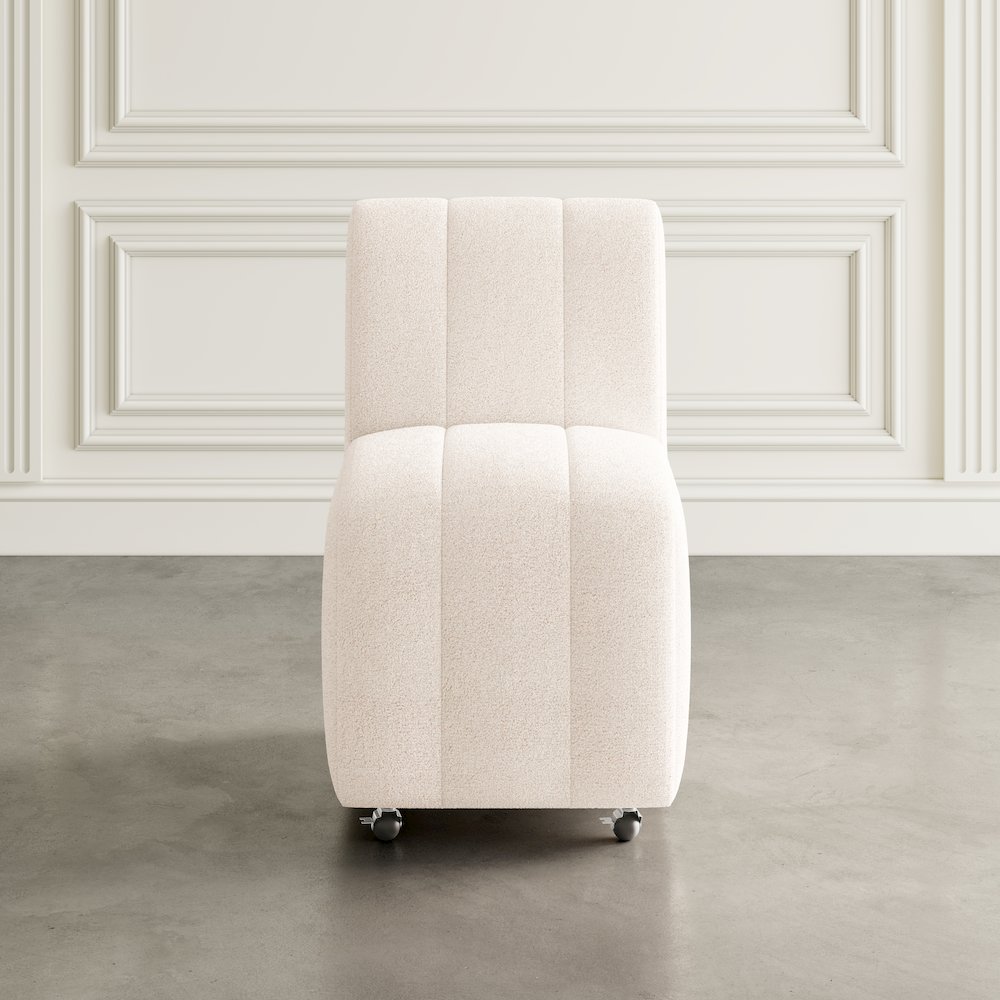 Contemporary Modern Ivory Boucle Upholstered Dining Chair with Wheels (Set of 2). Picture 9