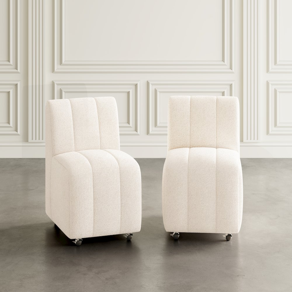 Contemporary Modern Ivory Boucle Upholstered Dining Chair with Wheels (Set of 2). Picture 8