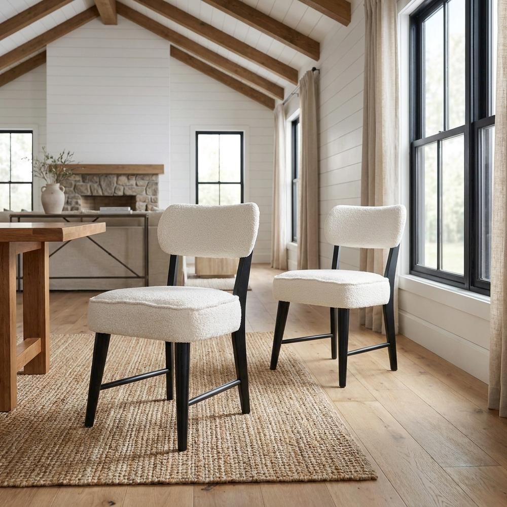Boucle Upholstered Mid-Century Modern Dining Chairs, Black, Set of 2. Picture 3