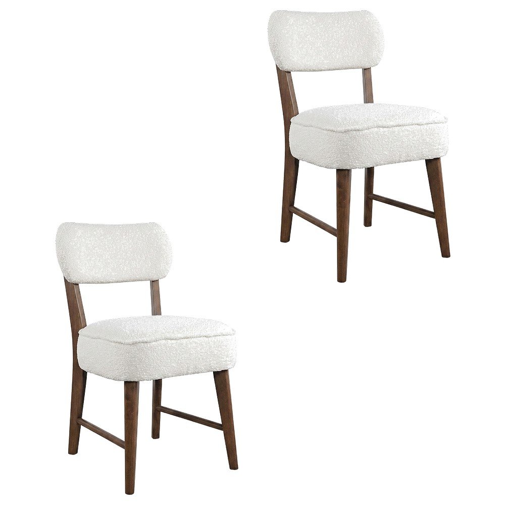 Boucle Upholstered Mid-Century Modern Dining Chairs, Walnut, Set of 2. Picture 1
