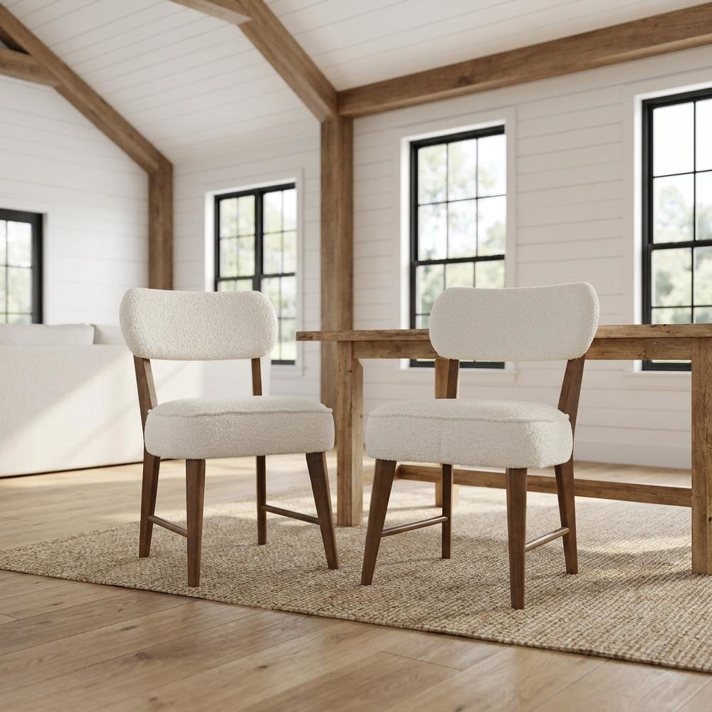 Boucle Upholstered Mid-Century Modern Dining Chairs, Walnut, Set of 2. Picture 3