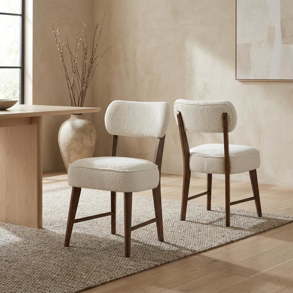 Boucle Upholstered Mid-Century Modern Dining Chairs, Walnut, Set of 2. Picture 4