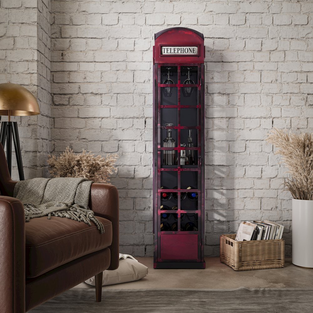 Telly Vintage Telephone Booth Lounge Bar Cabinet with Wine Rack and Storage. Picture 8