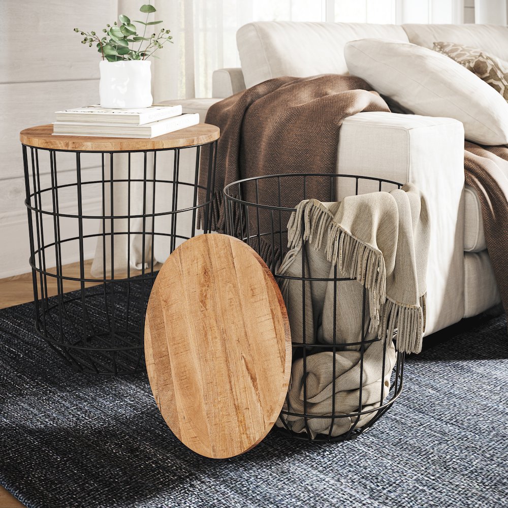 Global Archive Nested Storage Solid Wood and Metal Basket End Tables (Set of 2). Picture 8