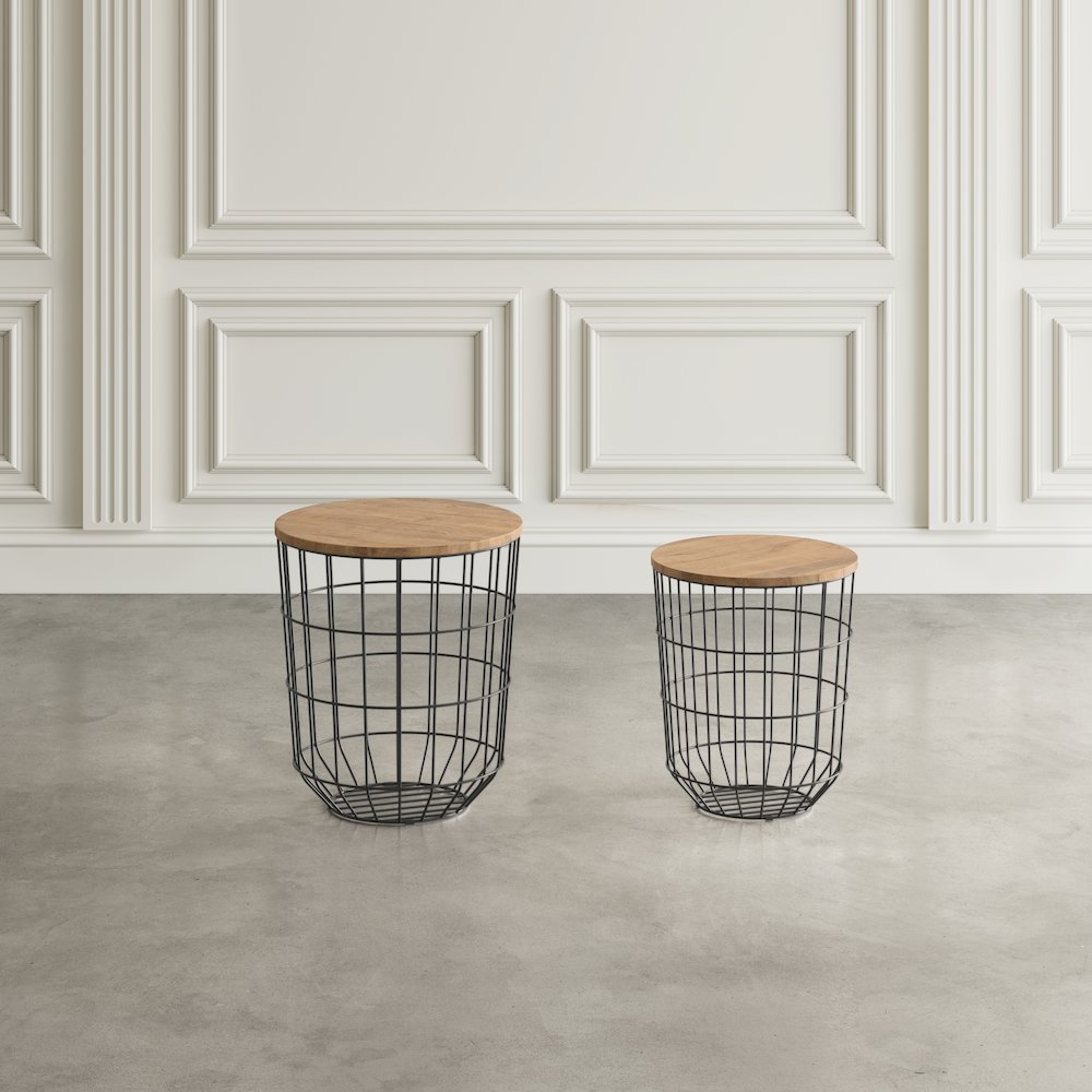 Global Archive Nested Storage Solid Wood and Metal Basket End Tables (Set of 2). Picture 9