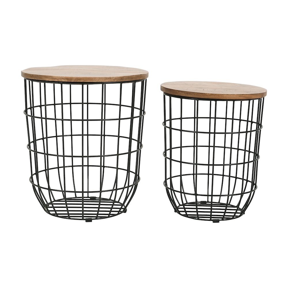 Global Archive Nested Storage Solid Wood and Metal Basket End Tables (Set of 2). Picture 2
