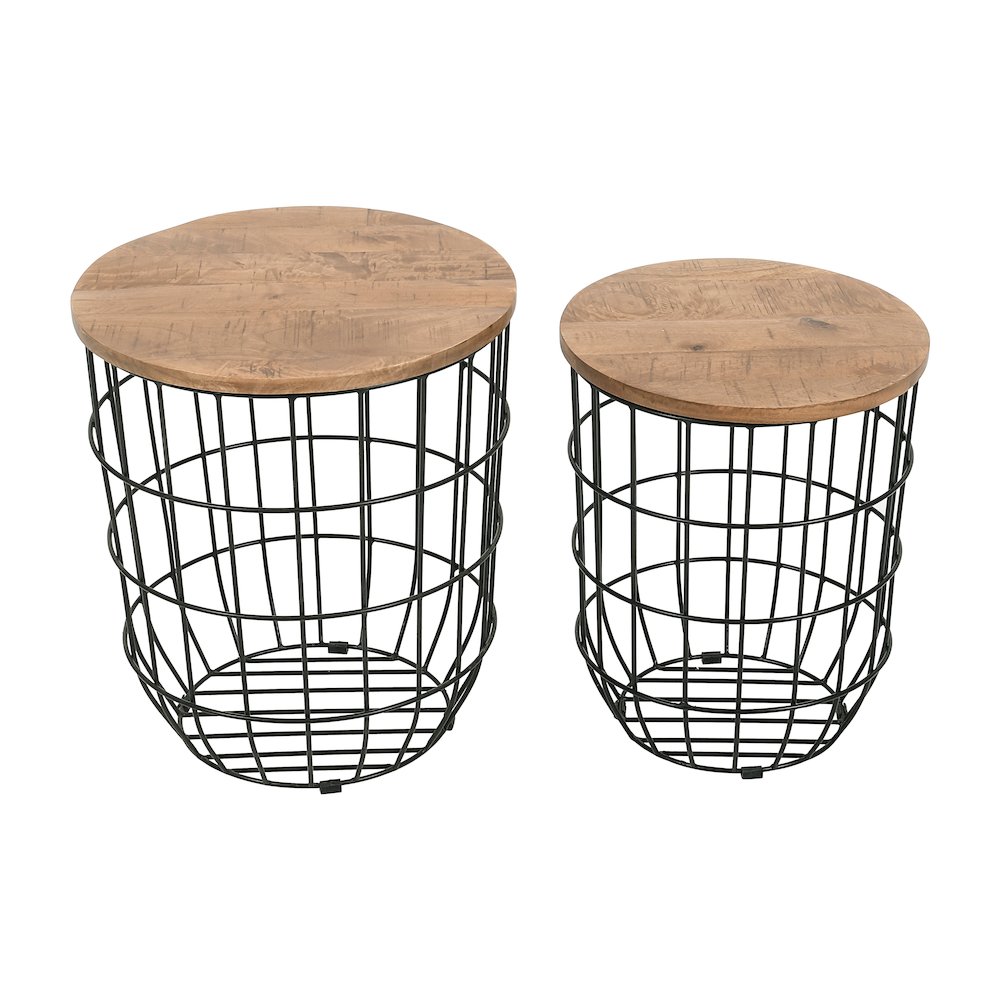 Global Archive Nested Storage Solid Wood and Metal Basket End Tables (Set of 2). Picture 1