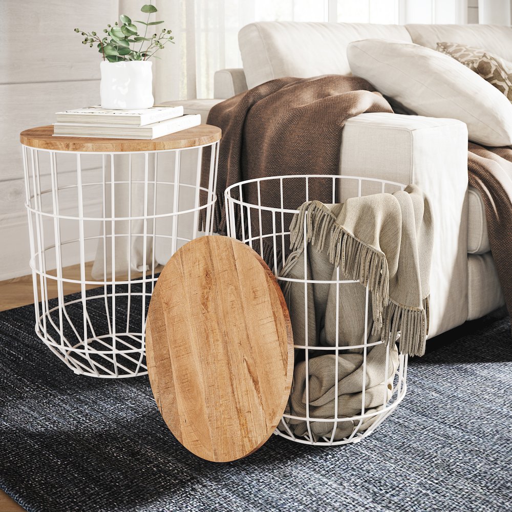 Global Archive Nested Storage Solid Wood and Metal Basket End Tables (Set of 2). Picture 8