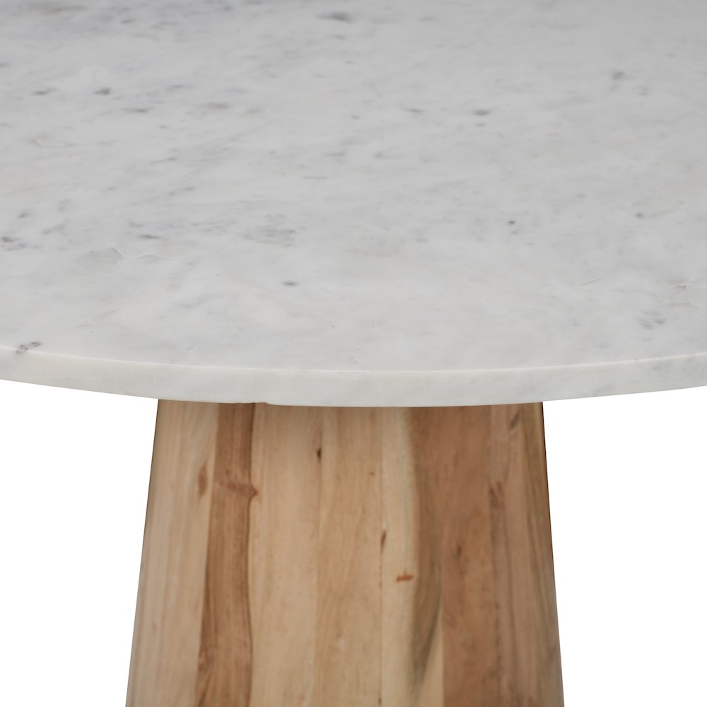 Nolan Luxury Mid-Century Modern 30" Round Marble and Wood Pedestal Dining Table. Picture 5