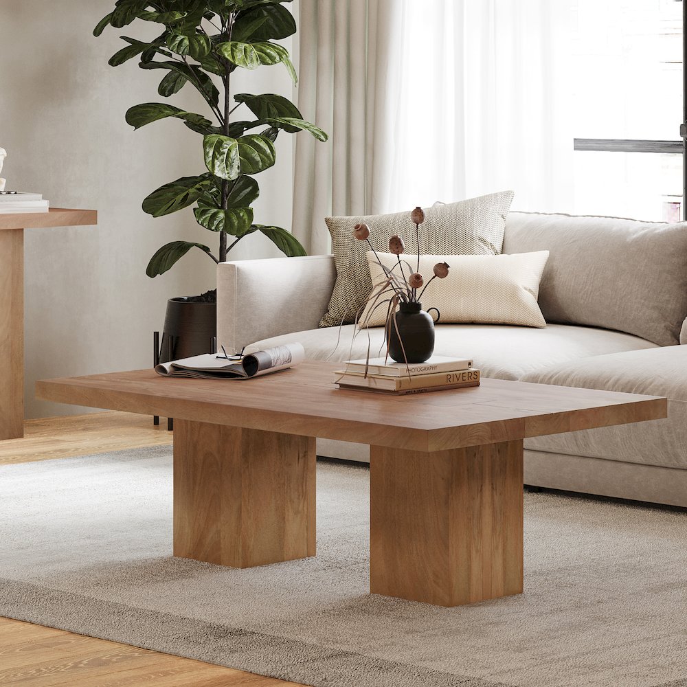 Modern Rustic 54" Solid Wood Double Pedestal Coffee Table. Picture 8