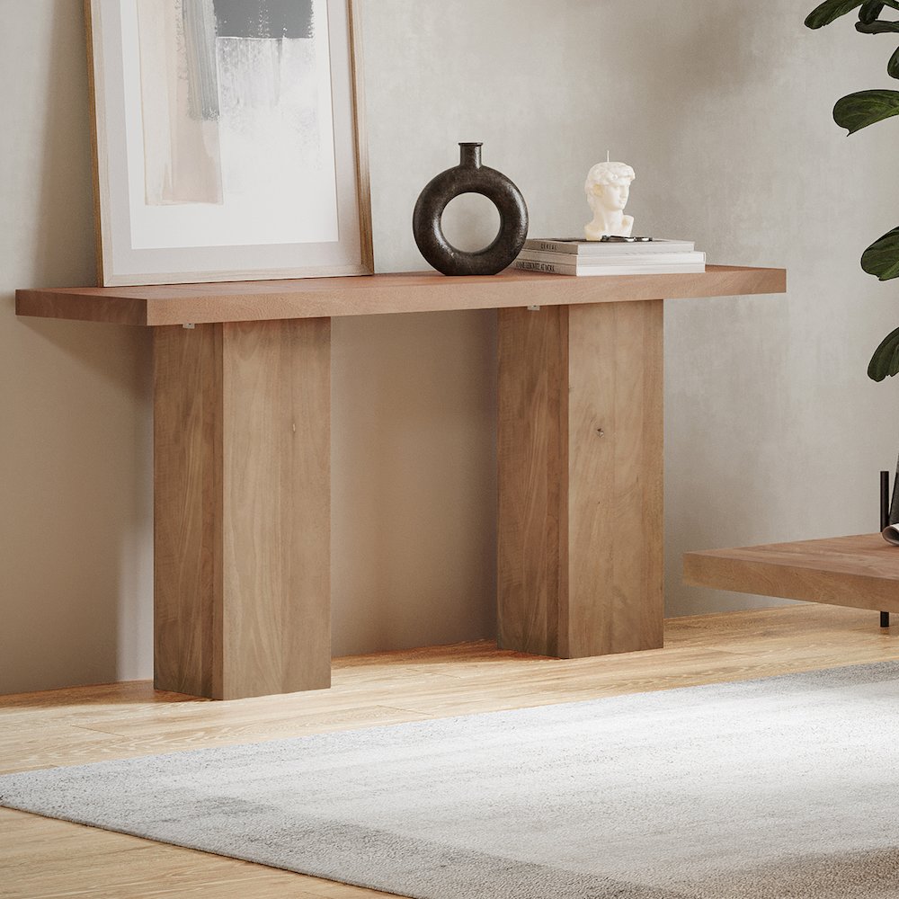 Modern Rustic 58" Solid Wood Double Pedestal Console Sofa Table. Picture 2