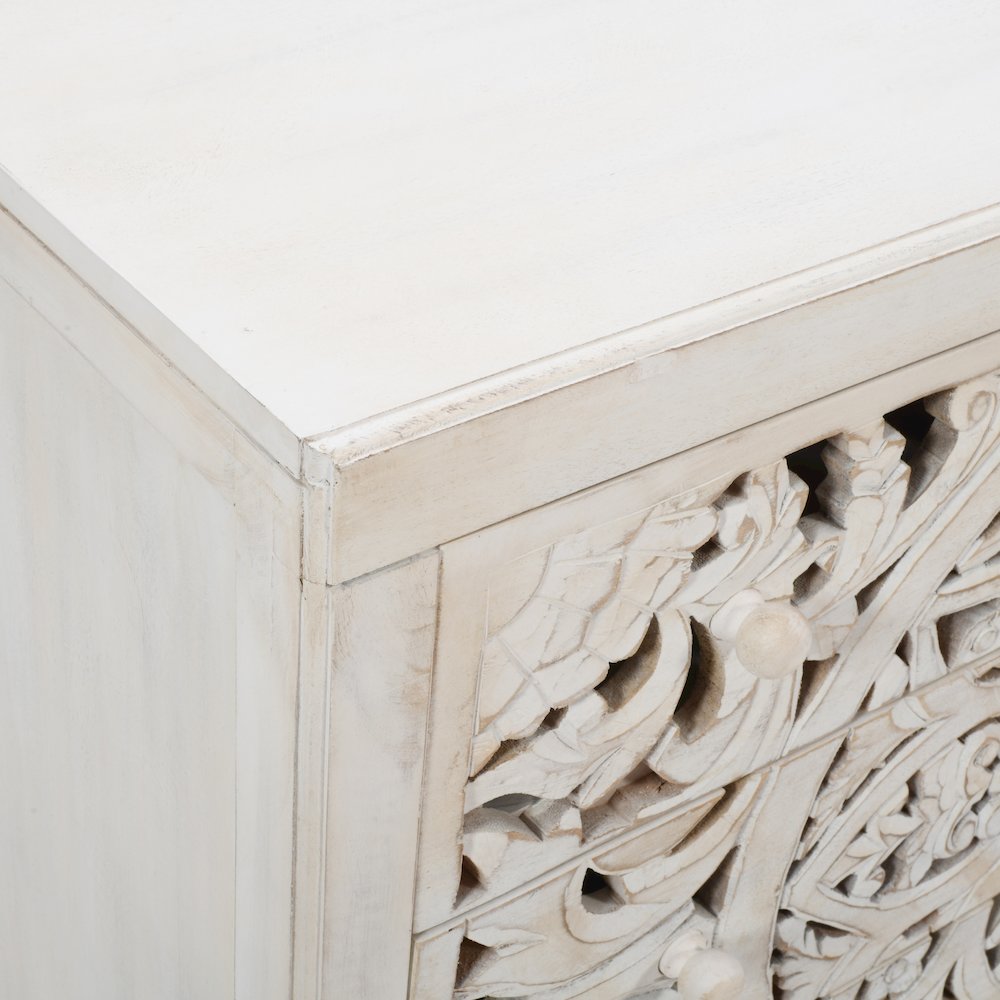 Jolie Rustic Solid Wood Global Boho Hand Carved Accent Chest with Three Drawers. Picture 4