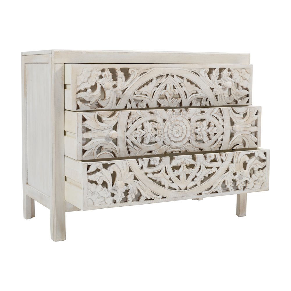 Jolie Rustic Solid Wood Global Boho Hand Carved Accent Chest with Three Drawers. Picture 5